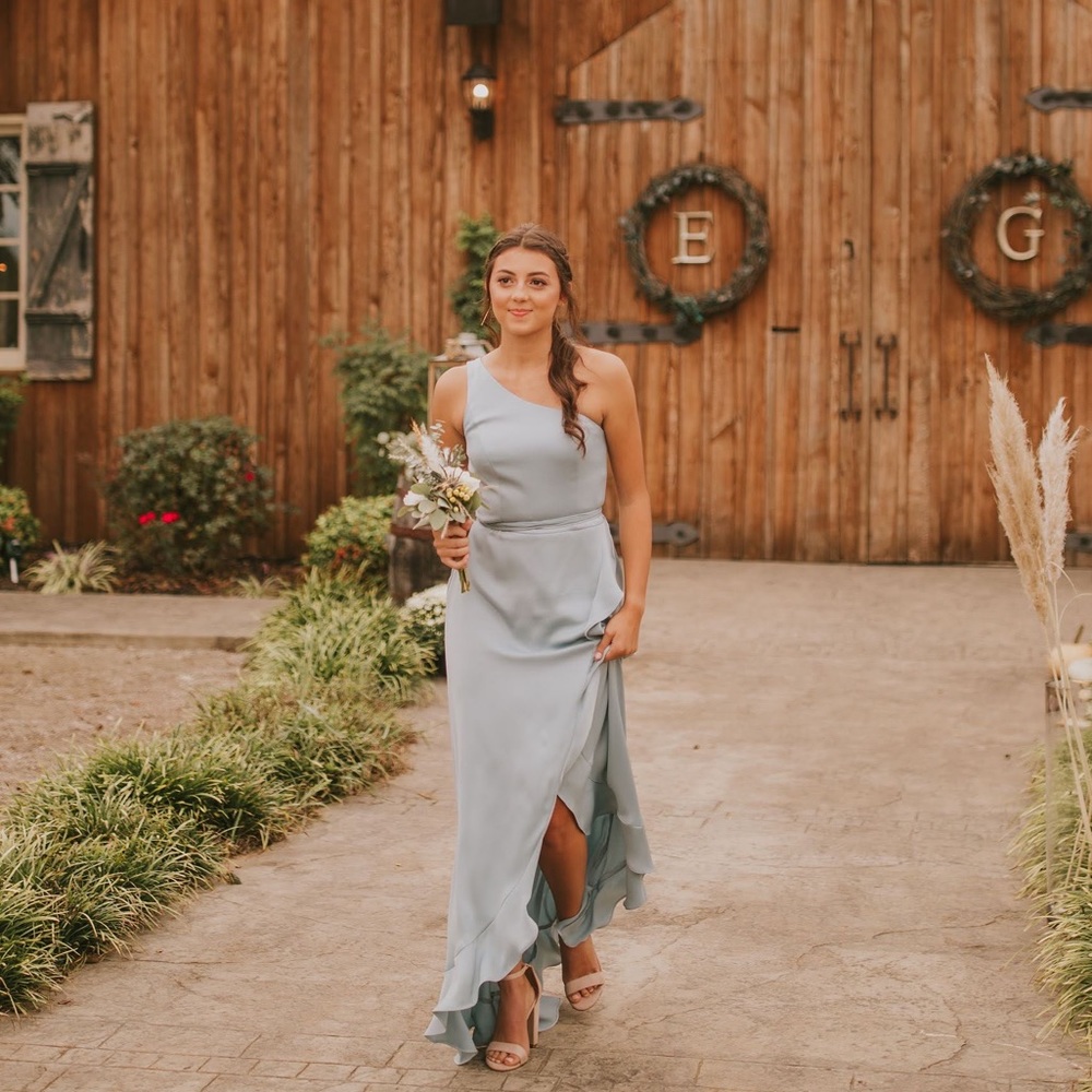 David’s Bridal one shoulder crepe satin ruffle bridesmaid dress, dusty blue